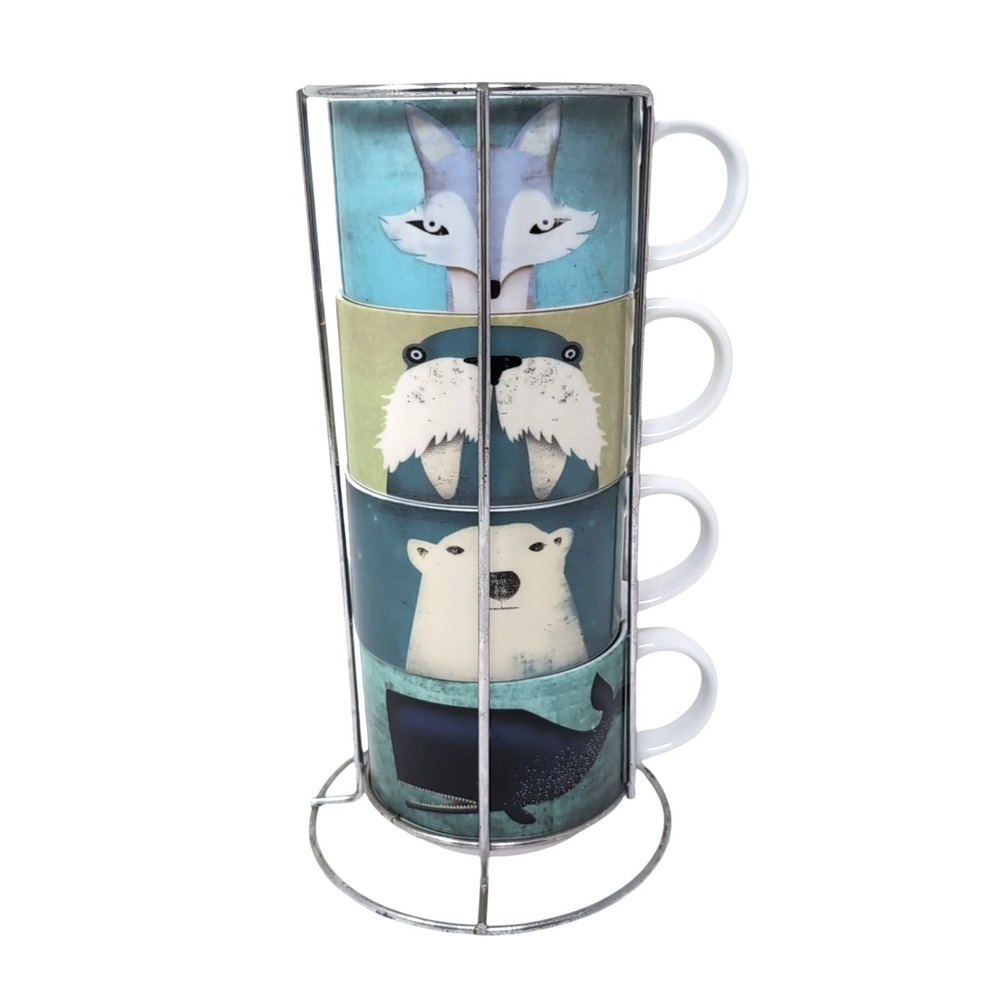Pier 1 One Imports Stacking Mugs Set of 4 / Metal Stand Arctic Animals Porcelain